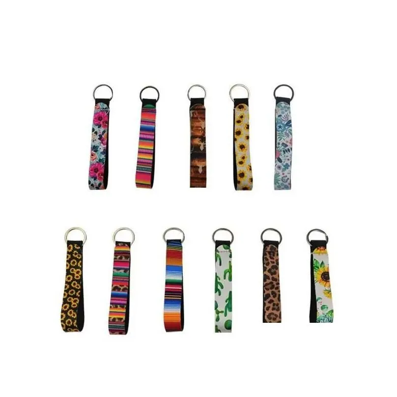Keychains Lanyards Neoprene Wristlet Keychain Colourf Printed Wrist Key Belt Sunflower Strip Leopard Lanyard Ring Drop Delivery Fas Dhmoh