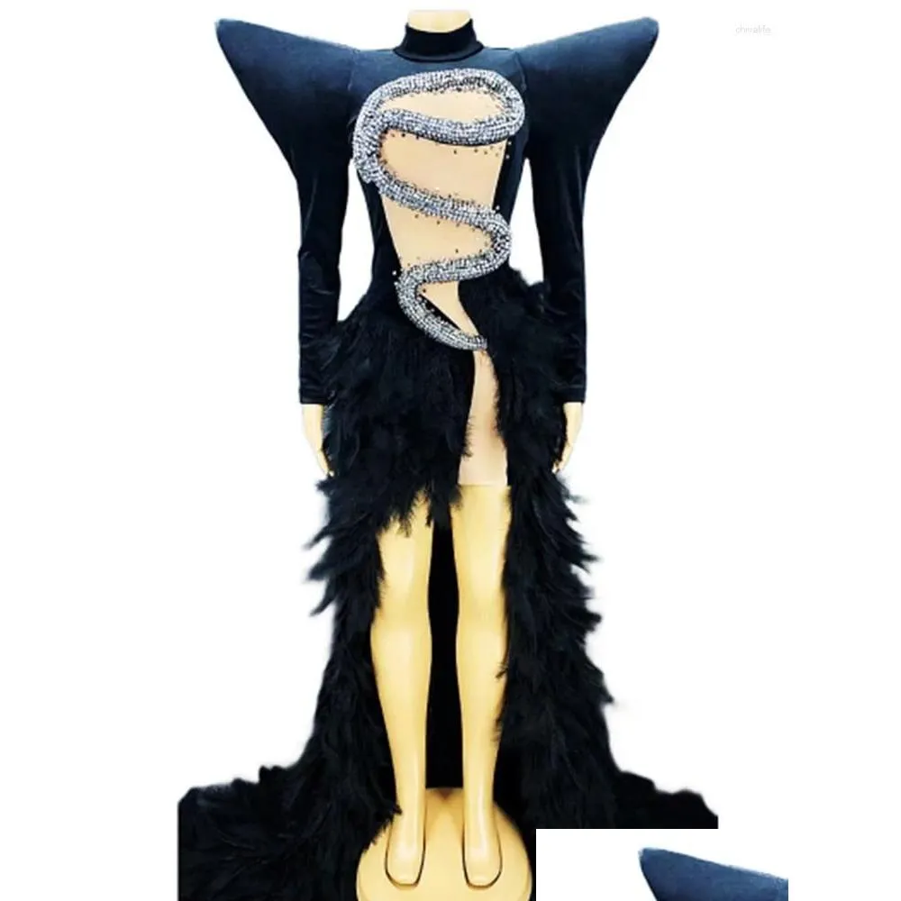 Stage Wear Black And White Shining Snack Rhinestones Swan Velvet Coat Sexy Feather Long Dress For Women Cloth Show Costume Party
