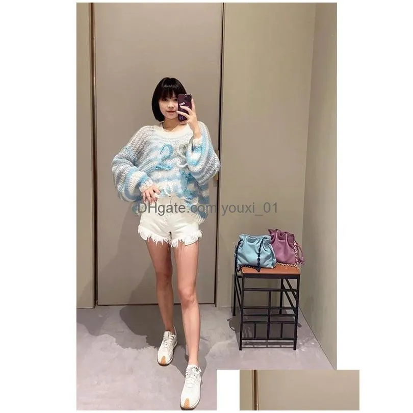 Women`S Knits & Tees 2023 Designer Knitwear Womens Top Early Fall Light Blue Mohair Striped Knit Plover Digirl Drop Delivery Apparel C Dhk0V