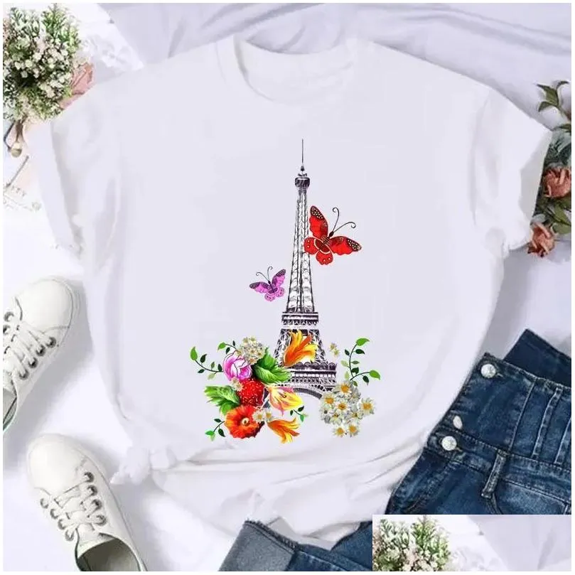 Women`S T-Shirt Short Sleeve Butterfly Bow Sweet Flower Fashion Summer Women Print T Shirt Female Casual Top Tshirts Cartoon Graphic T Otyjs