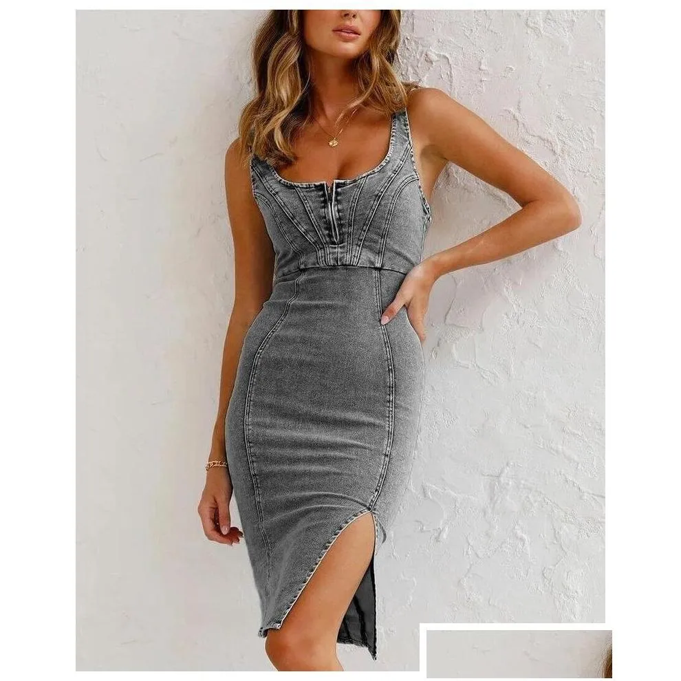 Casual Dresses Femme Robe Summer Dress Women Denim Split Zipper Sling Sleeveless Backless High Waist Slim Hips For Vestidos