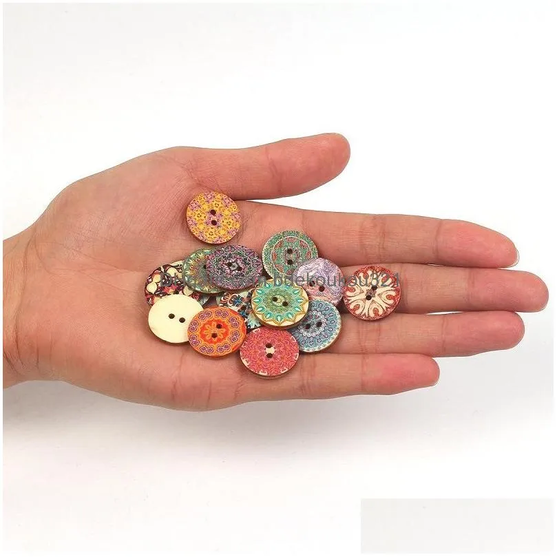 Sewing Notions & Tools Mixed Random Flower Painting Round 2 Holes Vintage Wood Buttons For Diy Scrapbooking Crafts Clothing Accessori Dhmec