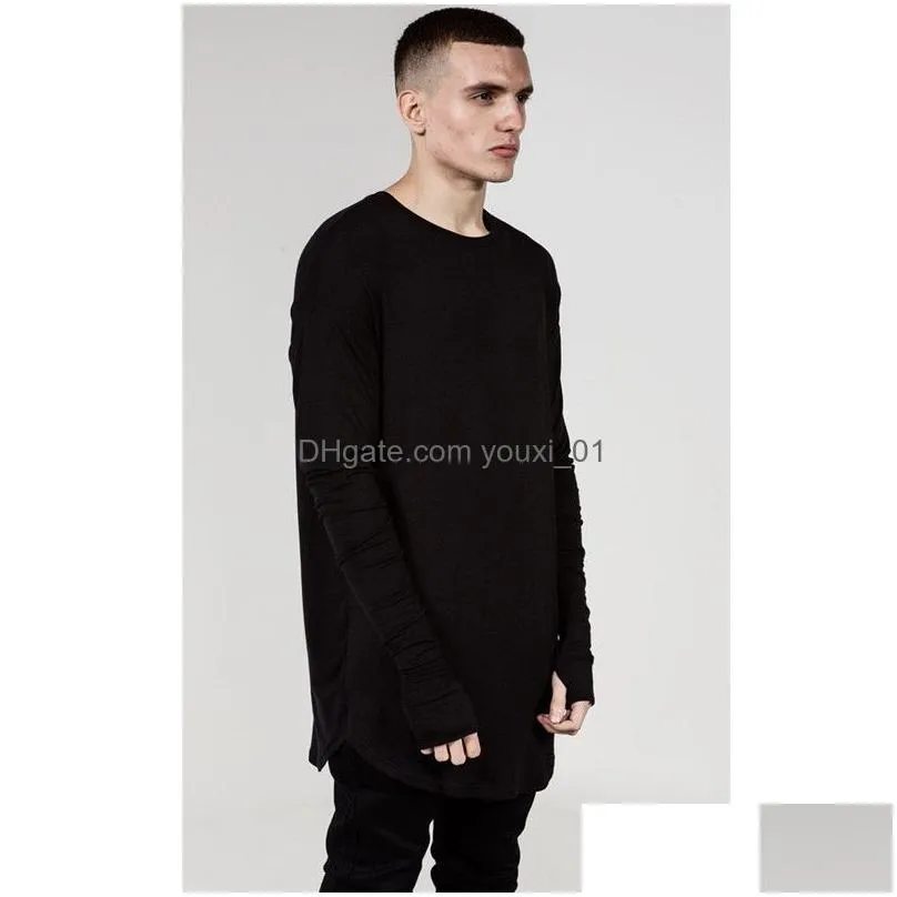 Men`S T-Shirts Wholesale- Fashion Mens Extended Tee Long Sleeve Oversized Hip Hop Black White Grey Wool Tshirt Plus Size For Men Big A Dhino