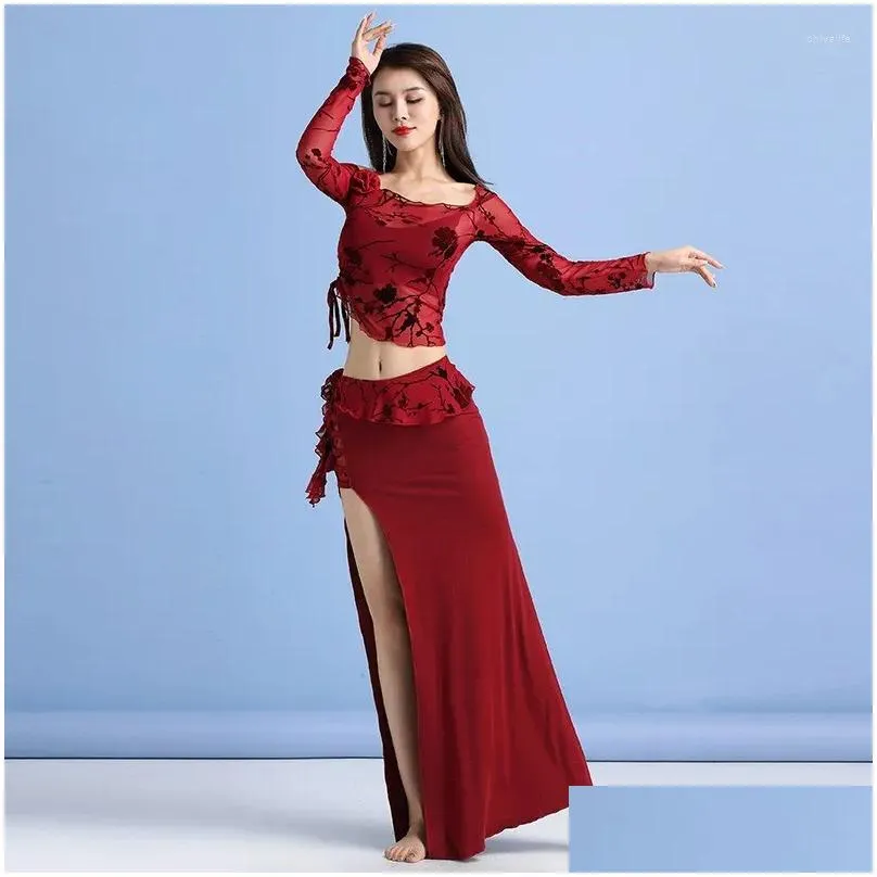 Stage Wear Belly Dance Set Sexy Printed Long Sleeved Top Wrapped Hip Skirt Girl Beginner Oriental Practice Clothes