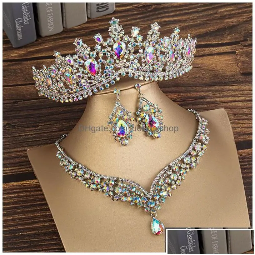 Jewelry Sets Kmvexo Gorgeous Crystal Ab Bridal Fashion Tiaras Earrings Necklaces Set For Women Dress Crown Drop Delivery Dhoy5