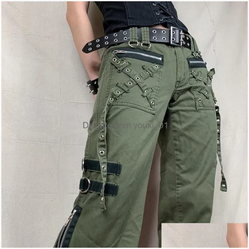 Women`S Jeans Womens Y2K Grunge Green Zipper Bandage Low Waist Cargo Pants Gothic Punk Baggy Retro Kawaii Trousers Women Korean Sweat Dhqyk