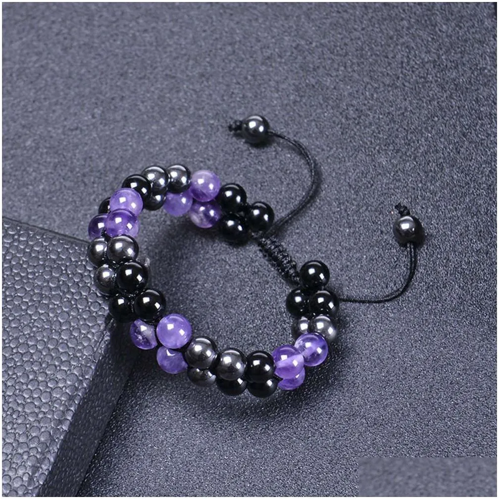8mm Natural Amethyst Double Layer with Adjustable Black Magnet Beaded Bracelet for Men and Women