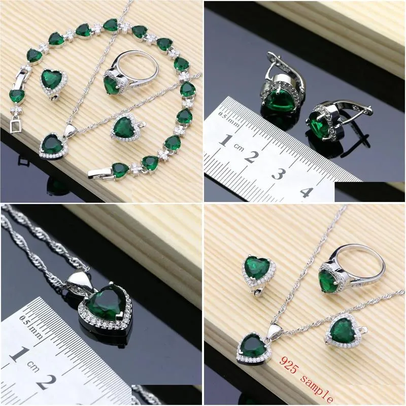 Sets Fashion Women 925 Sterling Silver Jewelry Sets Heart Gem Emerald White Topaz Fine Bridal Jewelry Earrings Bracelet Necklace Sets