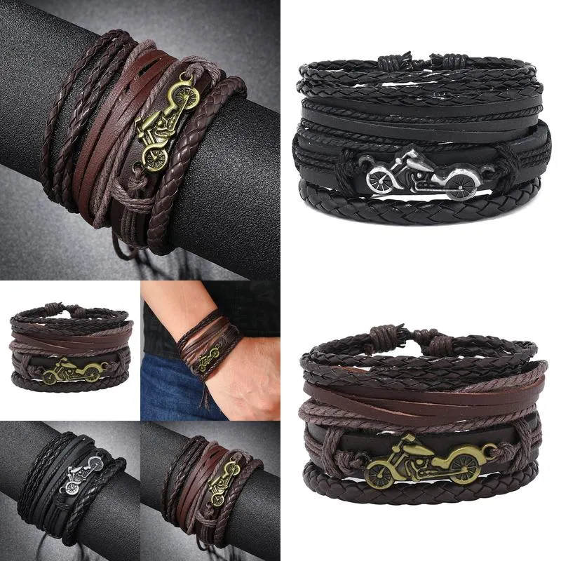 Charm Bracelets Rope Weave Braided Leather Bracelet Vintage Style Mti Layer Beaded Men Women Drop Delivery Otmp6