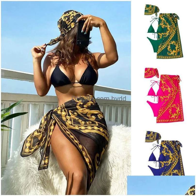  retro printed sexy bikini swimsuit with lace-up europe and the united states mesh three-piece swimsuit