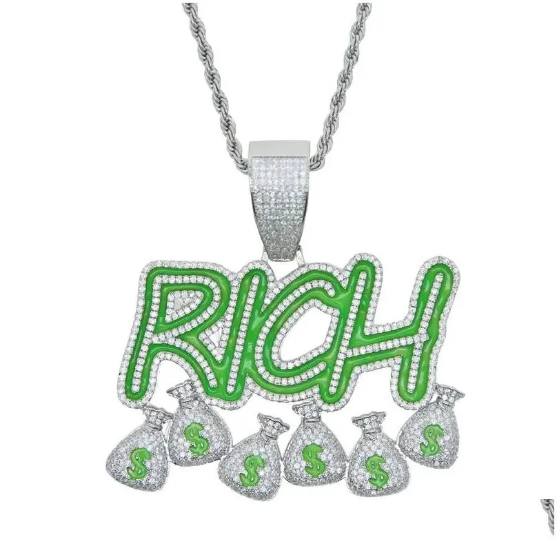 Pendant Necklaces Green Enamel Fluorescence Rich Hip Hop Necklace For Men Micro Paved Cz Luminous Jewelry Drop Delivery Pendants Ot4Rp
