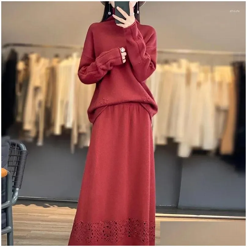 Work Dresses Autumn And Winter Pure Wool Classic Fashion Versatile Round Neck Pullover Skirt Set Large Women`s Sweater 2024