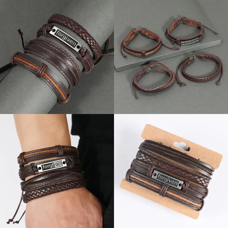 Charm Bracelets Rope Weave Braided Leather Bracelet Vintage Style Mti Layer Beaded Men Women Drop Delivery Otbhh
