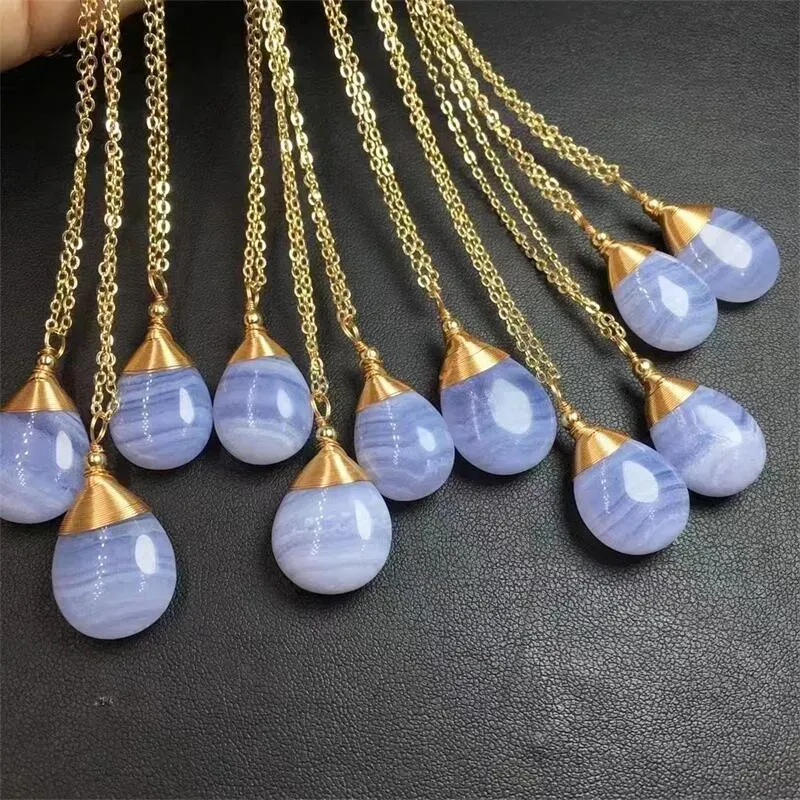 Charms Natural Blue Lace Agate Copper Wire Teardrop Pendant Crystal Carving Polishing Mature Charm Jewelry Birthday Present 1PCS