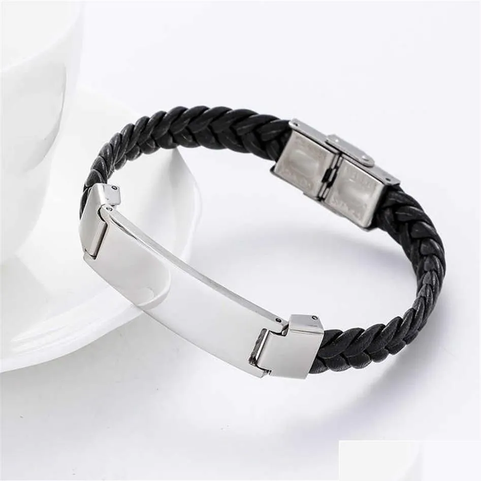 Stainless Steel Blank Id Tags Leather Bangles for Engrave Leather Braid Bracelet with Metal Plate Whole 10pcs Q0720218E