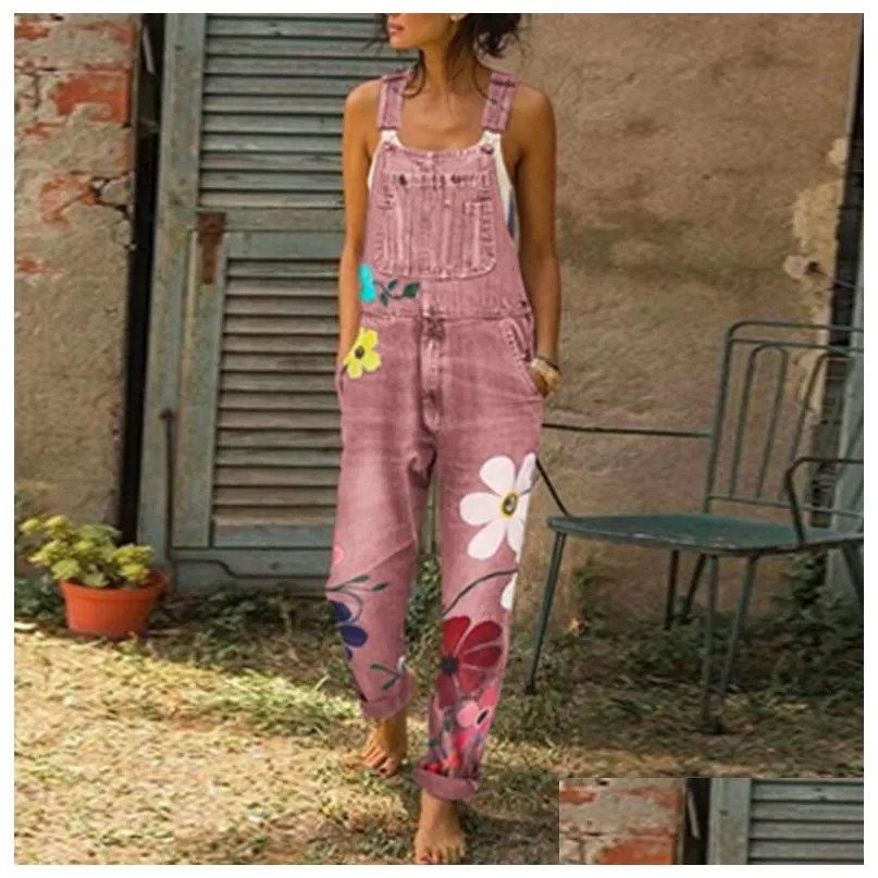 New Women`s Jeans Polyester Oversized Suspender Pants Simple Printed Overalls With Pockets Breathable Soft Baggy Mid Waisted Women