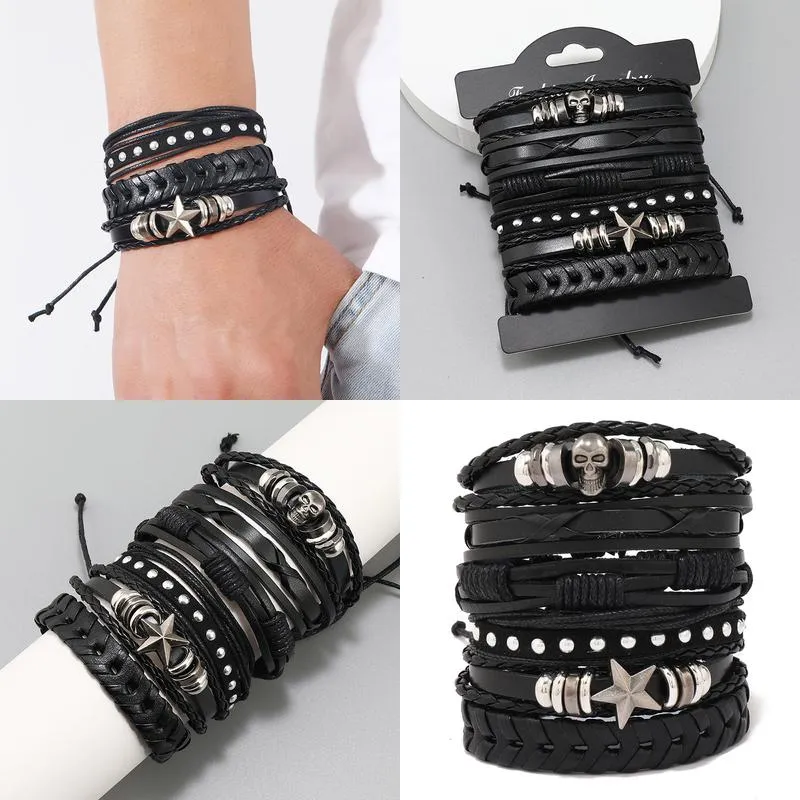 Charm Bracelets Rope Weave Braided Leather Bracelet Vintage Style Diy Combination Set Stam Woven Men Drop Delivery Otx2B