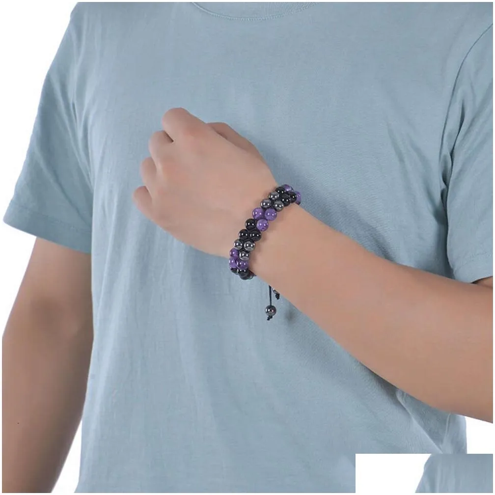 8mm Natural Amethyst Double Layer with Adjustable Black Magnet Beaded Bracelet for Men and Women