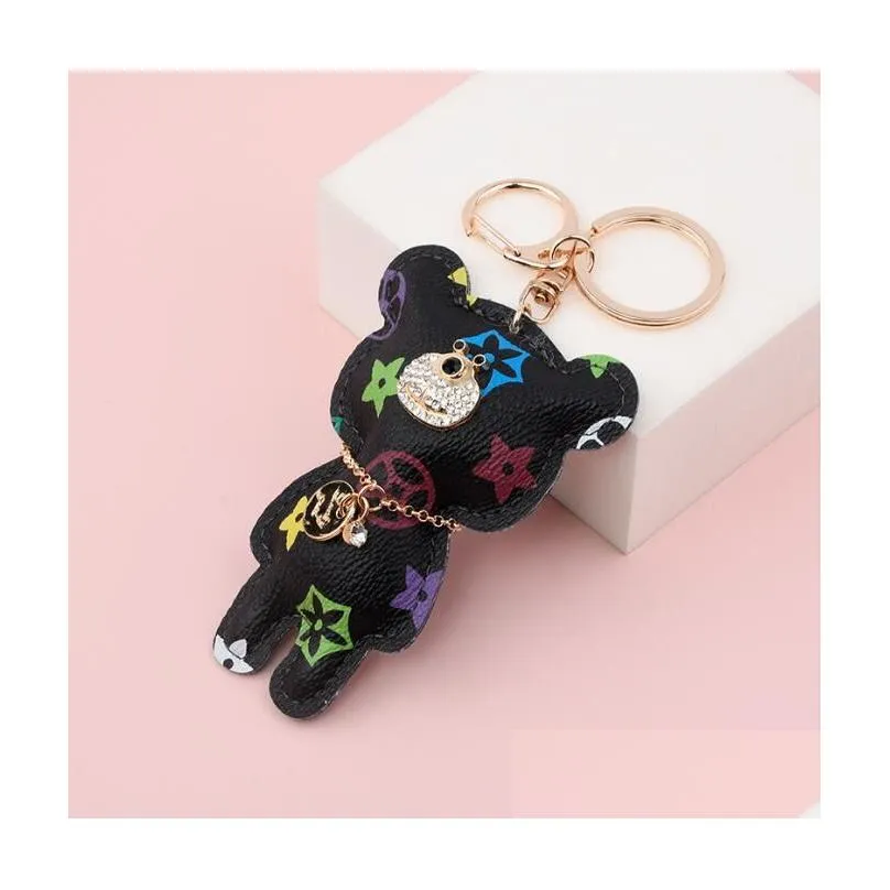 Keychains Lanyards Cute Bear Rhinestone Pu Leather Flower Key Ring Car Chain Jewelry Bag Charm Animal Keyring Holder Drop Delivery Dhmib
