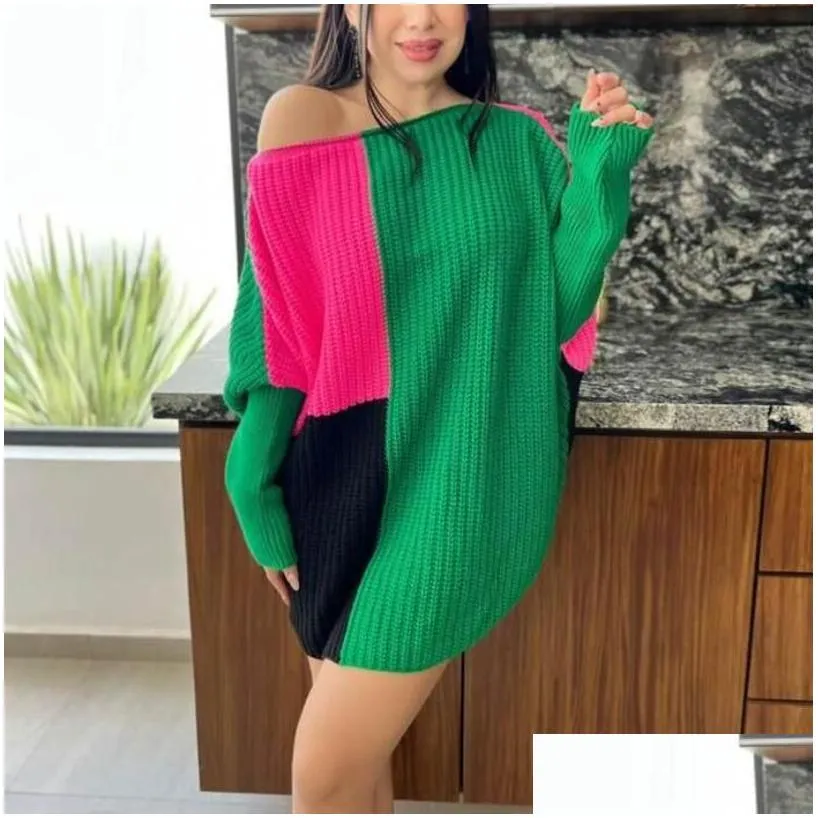Sexy Womens Patchwork Dress Ladies Winter Long Sleeve Jumper Tops Fashion Girls Knitted Oversized Baggy Sweater Casual Loose Jumpers Mini