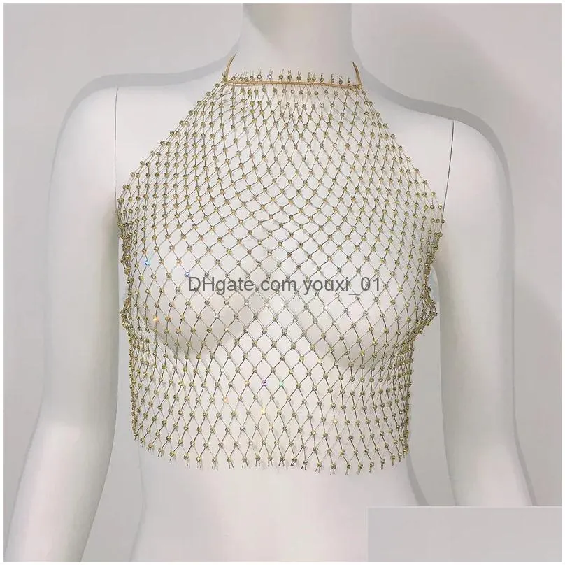 Women`S Tanks & Camis Womens Mesh Flash Drill Fishnet Hanging Neck Sling Y Hollowed Out Girl Female Drop Delivery Apparel Clothing Top Dhy9X