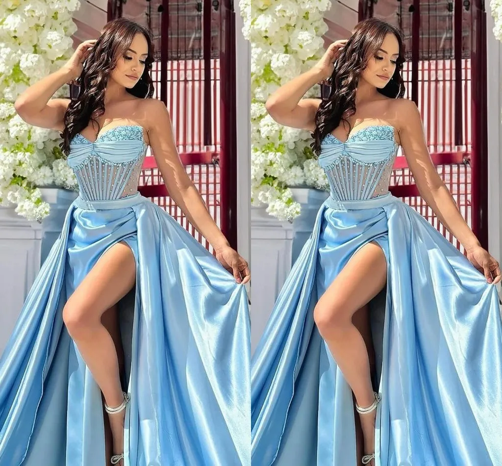 Sexy Light Sky Blue Sheath Prom Dresses Long for Women Sweethear See Through Beadings High Side Split Evening Gowns Formal Dress Birthday Pageant Party Gowns