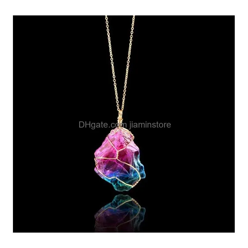 Pendant Necklaces Natural Rainbow Irregar Quartz Stone Rock Crystal Gemstone Necklace Gold Plated Wire Wrap Birthstone Jewelry Gifts F Dhnns