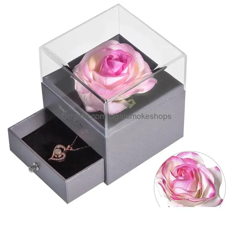 Other Event & Party Supplies Eternal Rose Jewelry Box Preserved Flower Ring Storage Case With Necklace Love Birthday Anniversary Gift Dhsxr