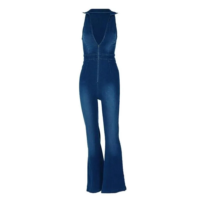 Women`s Jumpsuits Weird Cotton Elegant Denim Jumpsuit Women Sleeveless Zipper Fashion Hipster Casual High Street Wide Legs