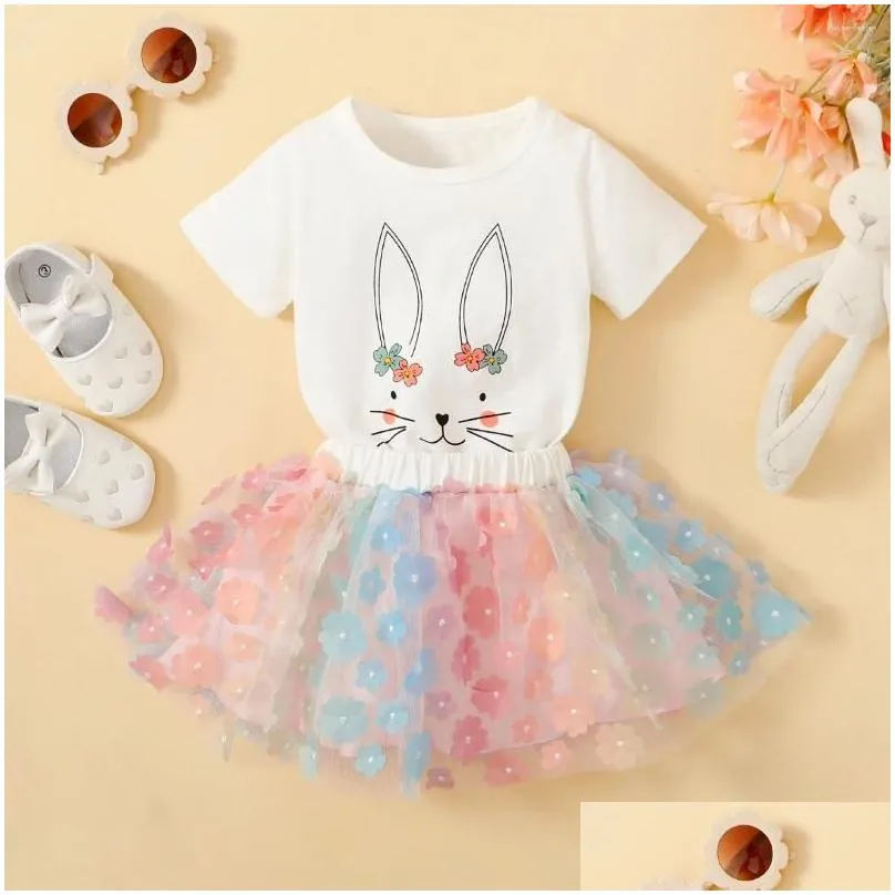 Clothing Sets 2-piece Baby Girl Cute Printed Short Sleeve Romper & Gradient Color Floral Mesh Patchwork Skirt