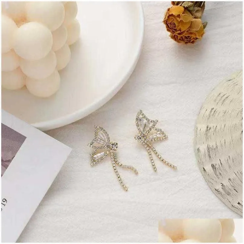 Charm S925 Sier Needle Korean Super Fairy Butterfly Zircon Rhinestone Tassel Earrings Asymmetric Small Drop Delivery Jewelry Dhblf