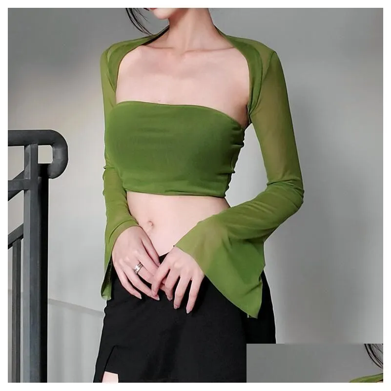 2023 Women`s T Shirts Sexy Women Crop Top Mesh Sleeve T-Shirt Tops Hollow Out Transparent Ladies Shirt Green Casual Tee