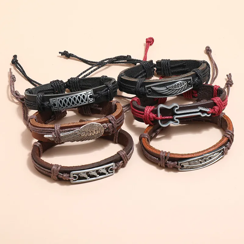 Charm Bracelets Rope Weave Braided Leather Bracelet Vintage Style Diy Combination Set Stam Woven Men Drop Delivery Otx2B