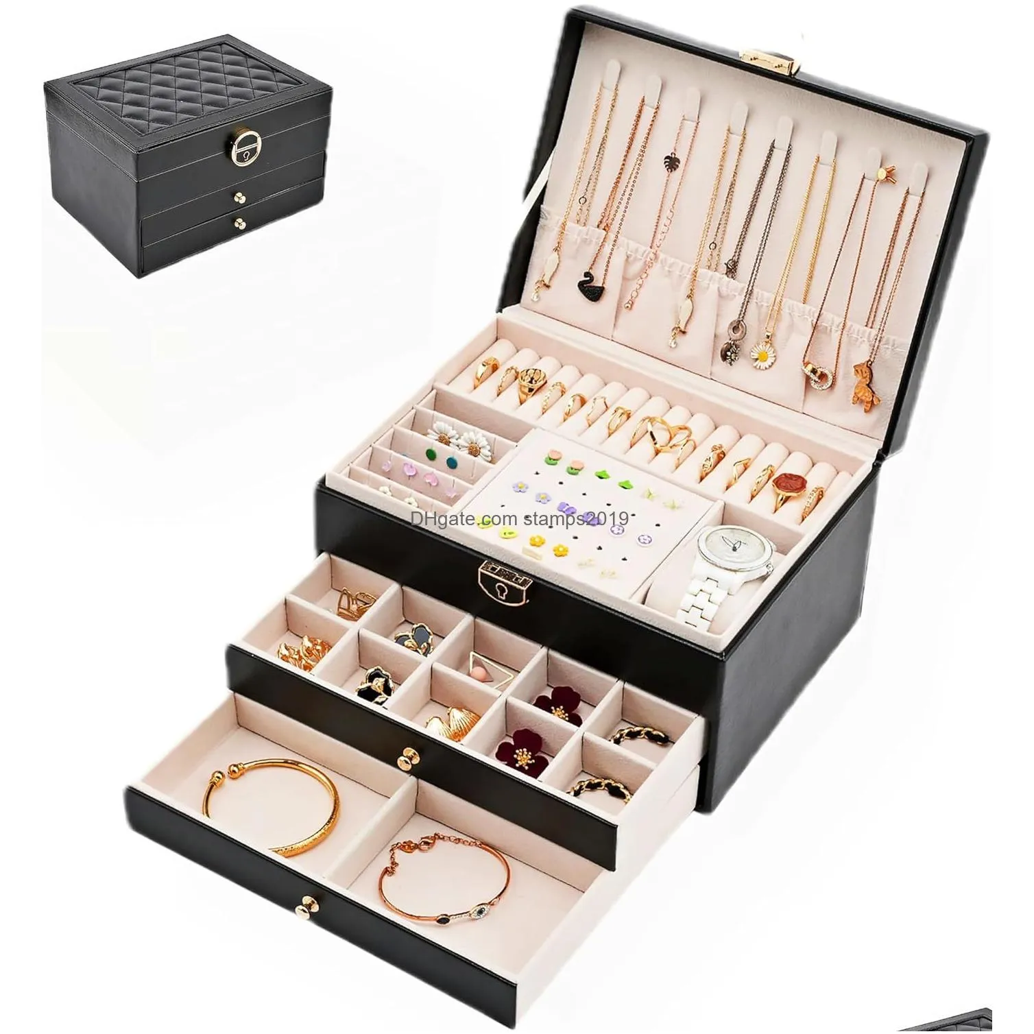 large jewelry box for women 3 layers leather jewelry organizer box with lock jewelry holder organizer with lots space for earrings rings necklaces