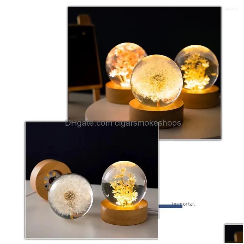 Decorative Objects & Figurines Round Ball Night Lamp Flower Crystal Light With Woodern Base Office Home Decor Gifts For Men Women Kids Dhg6K