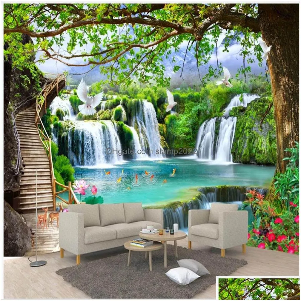 Green Forest Waterfall 3D Murals Waterfall Wallpaper For Living Room ...