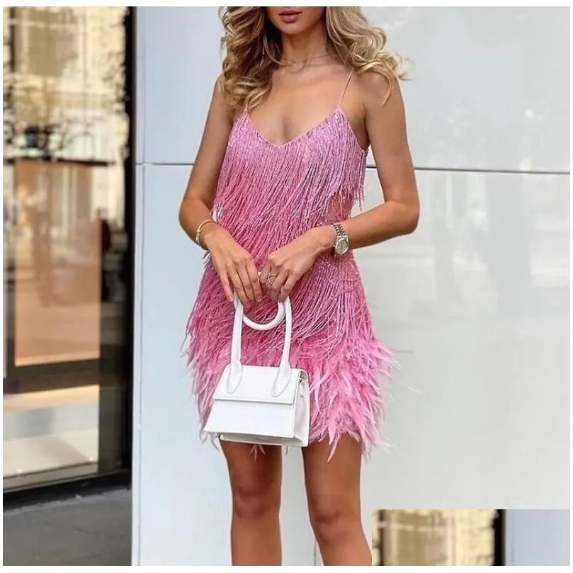 Casual Dresses Women`s Evening White Dress With Feathers Women Fringed Sequin Stitching Slim V-Neck Off Shoulder Wedding Guest