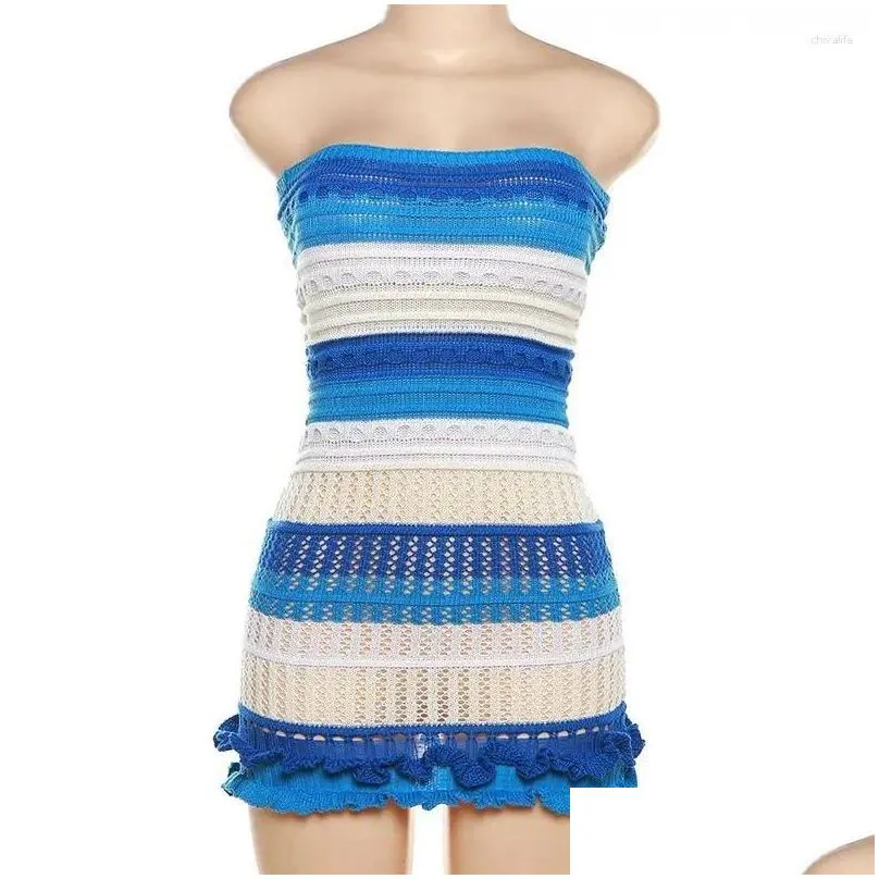 Casual Dresses Orange Striped Knitted Tube Women Summer 2024 Fashion Sexy Hollow Out Backless Strapless Ruffles Mini Bodycon Sundress