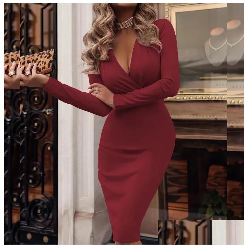 Women Dresses Bodycon Dresses Autumn And Winter Long Sleeve Sexy Deep V-Neck Party Mini Dress Ladies Solid Color S-XXL