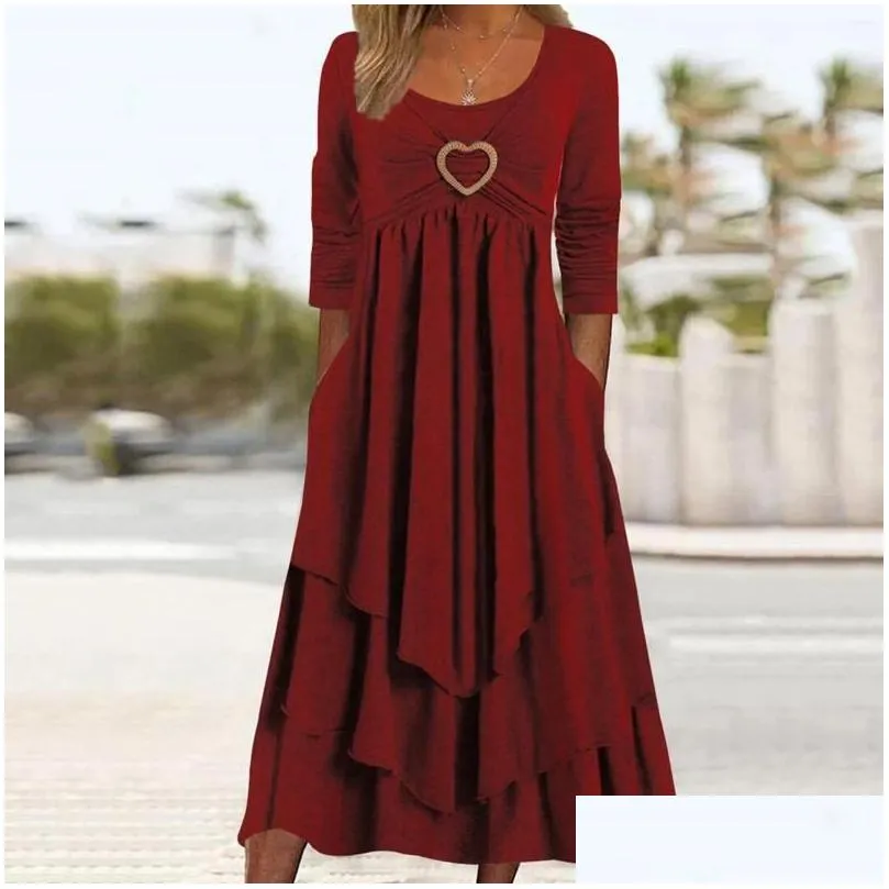 Casual Dresses Crewneck Loose Flowy Ruched For Women Solid Color Women`S Dress Long Sleeve Chic And Elegant Streetwear