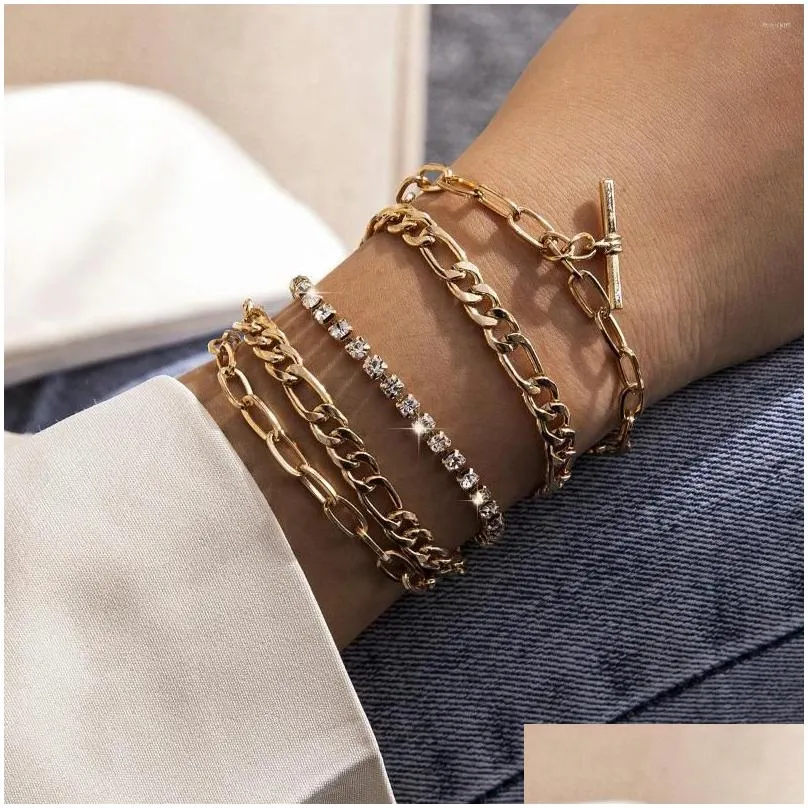 Bangle Fashion Womens Mtilayer Metal Bracelet Set Heavy Gold Color Copper Chain Crystal Women Bijoux Jewelry Drop Delivery Bracelets Dhvvl