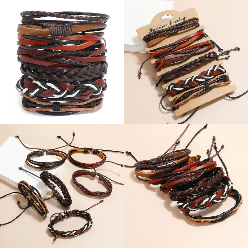 Charm Bracelets Rope Weave Braided Leather Bracelet Vintage Style Diy Combination Set Stam Woven Men Drop Delivery Oteuz