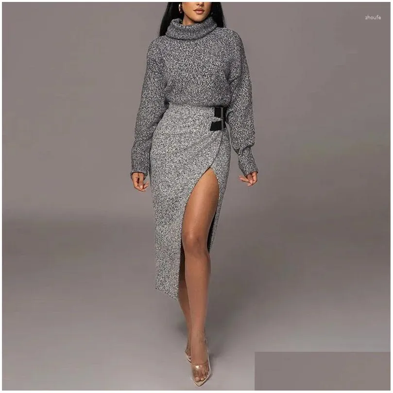 Work Dresses Elegan Turtleneck Pullover Tops & Split Skirt Outfits Casual Long Sleeve 2Pc Suit Women Fashion Solid Knitted Skirts Sets