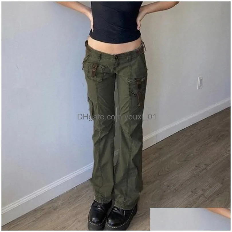 Women`S Jeans Womens Y2K Grunge Green Zipper Bandage Low Waist Cargo Pants Gothic Punk Baggy Retro Kawaii Trousers Women Korean Sweat Dhqyk