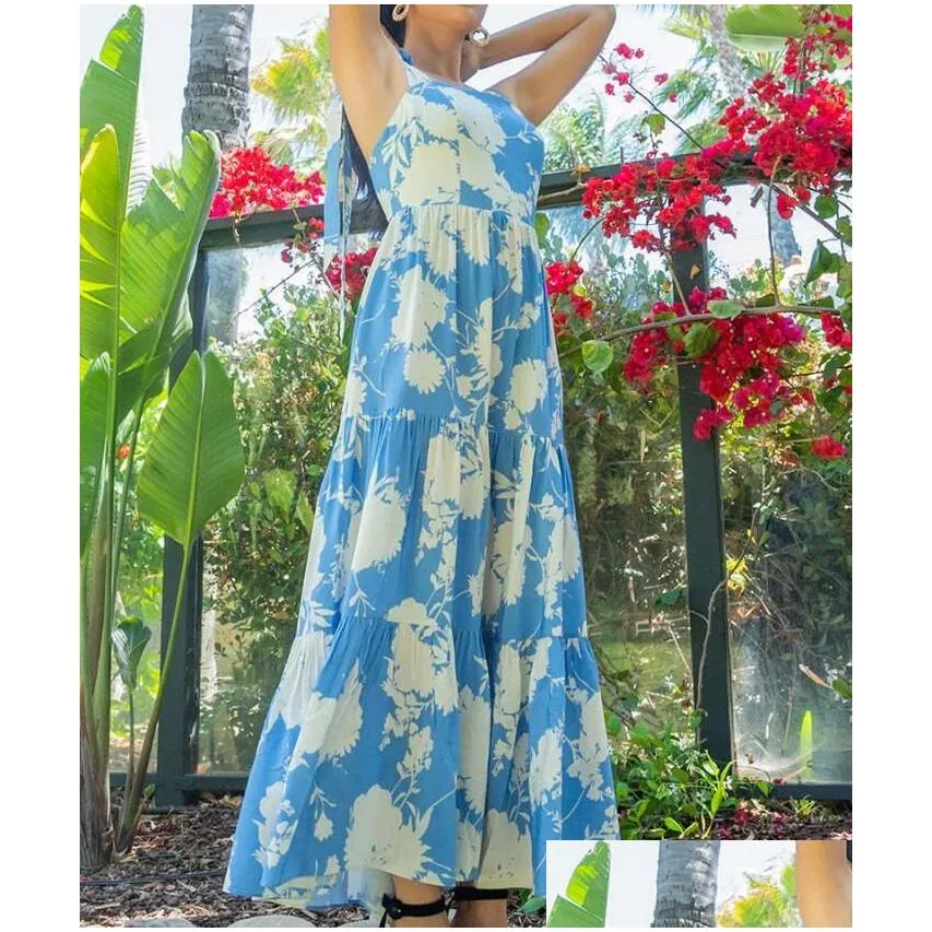 New Casual Dresses Women The Dress Floral Printed Sky-Blue Tie Bow Backless Sleeveless Elegant Fashion Bohemian Beach