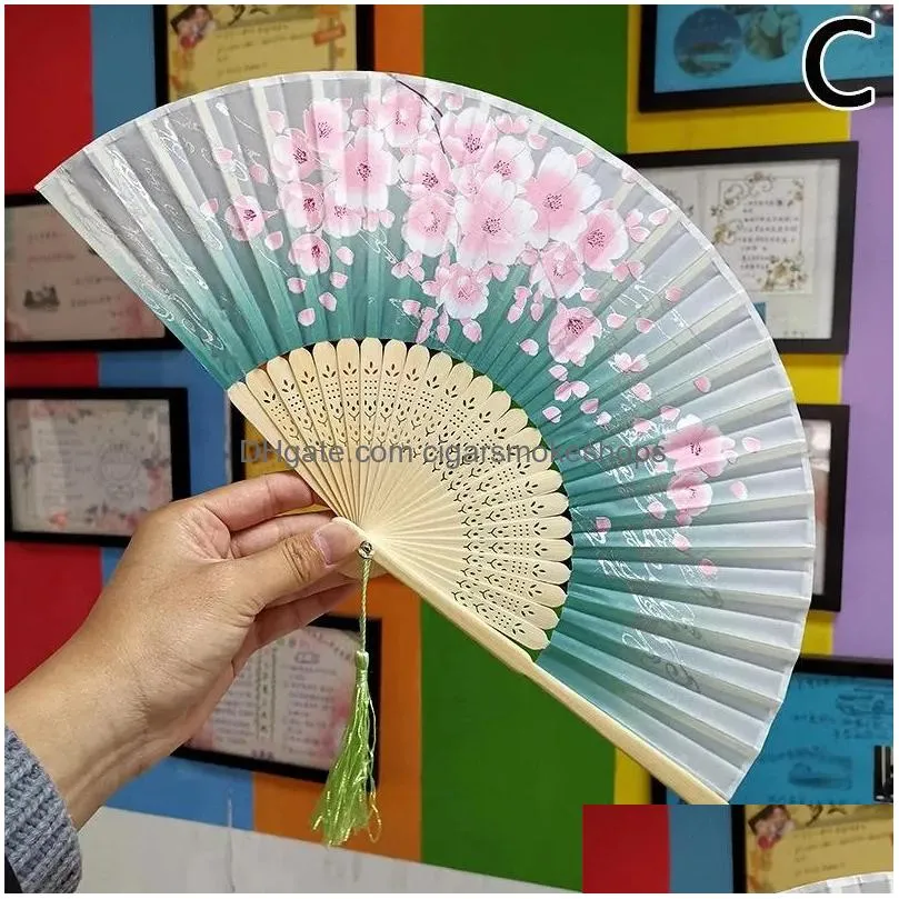 Decorative Objects & Figurines Vintage Chinese Printed Folding Fans Party Dance Props Hand Held Fan Wooden Silk Tassel Hanging Pendant Dhwln