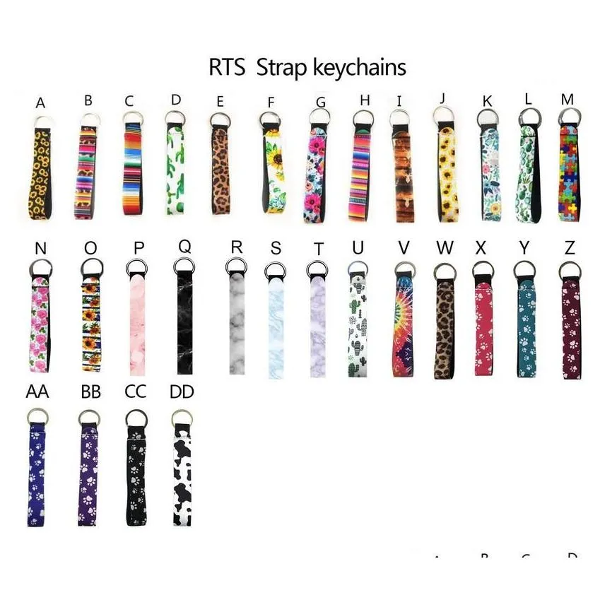 Keychains Lanyards Neoprene Wristlet Keychain Colourf Printed Wrist Key Belt Sunflower Strip Leopard Lanyard Ring Bag Pendent Drop Dhxog