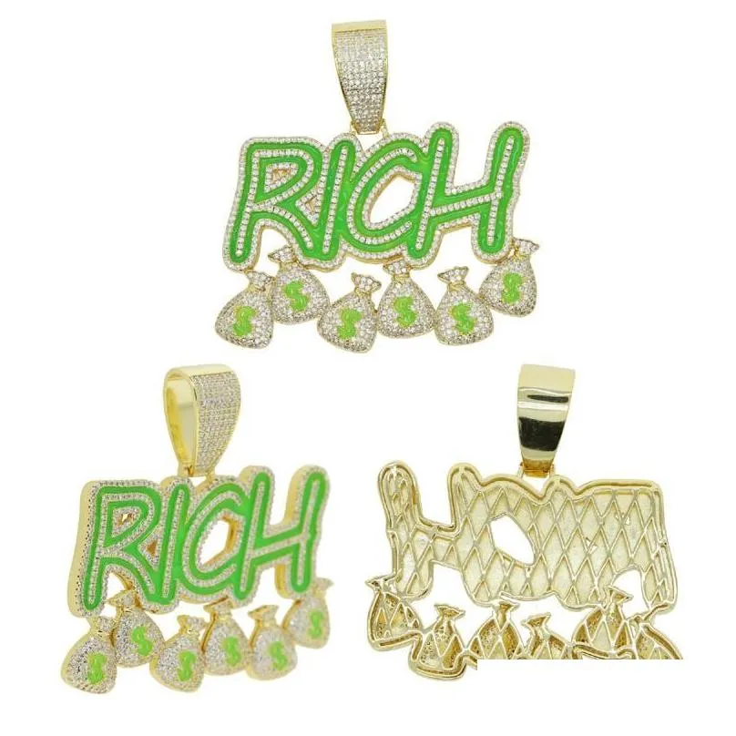 Pendant Necklaces Green Enamel Fluorescence Rich Hip Hop Necklace For Men Micro Paved Cz Luminous Jewelry Drop Delivery Pendants Ot4Rp