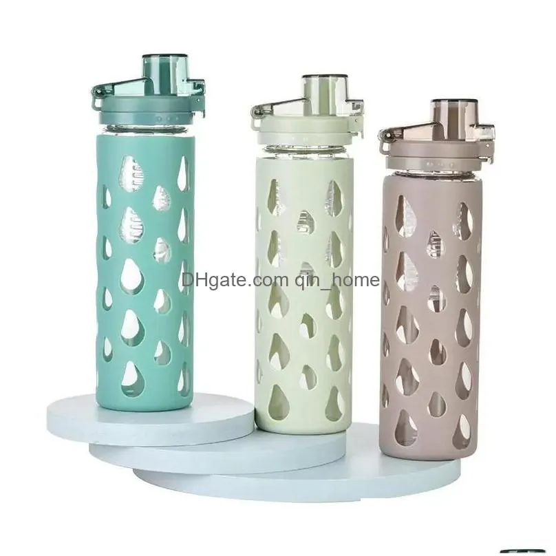 600ml straight glass water bottle with silicone sleeves camping water tumbler by sea rra13287