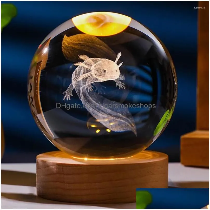 Decorative Objects & Figurines 3D Axolotl Crystal Ball Lamp With Wooden Base Colorf Light Creative Home Decoration Drop Delivery Garde Dhh9C